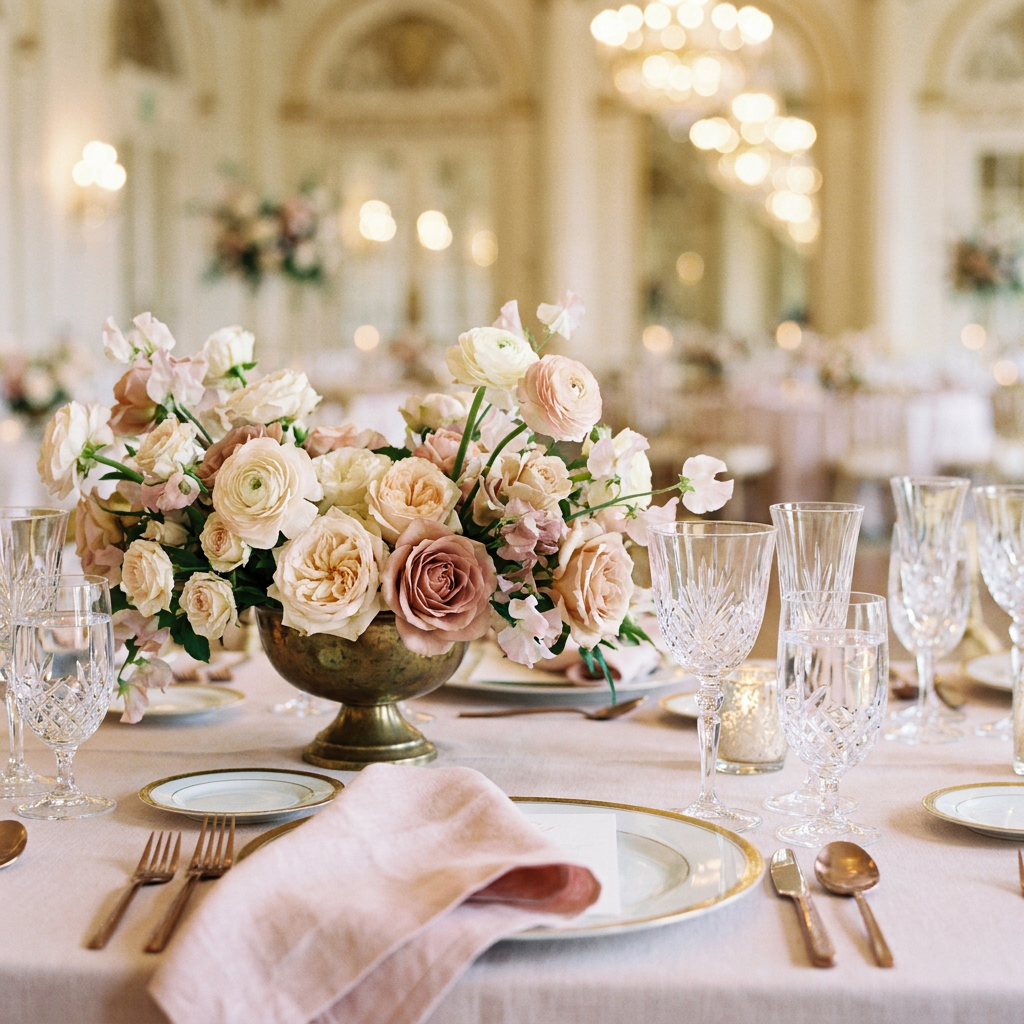 An elegant LA' LUXE tablescape with soft pink florals and fine details