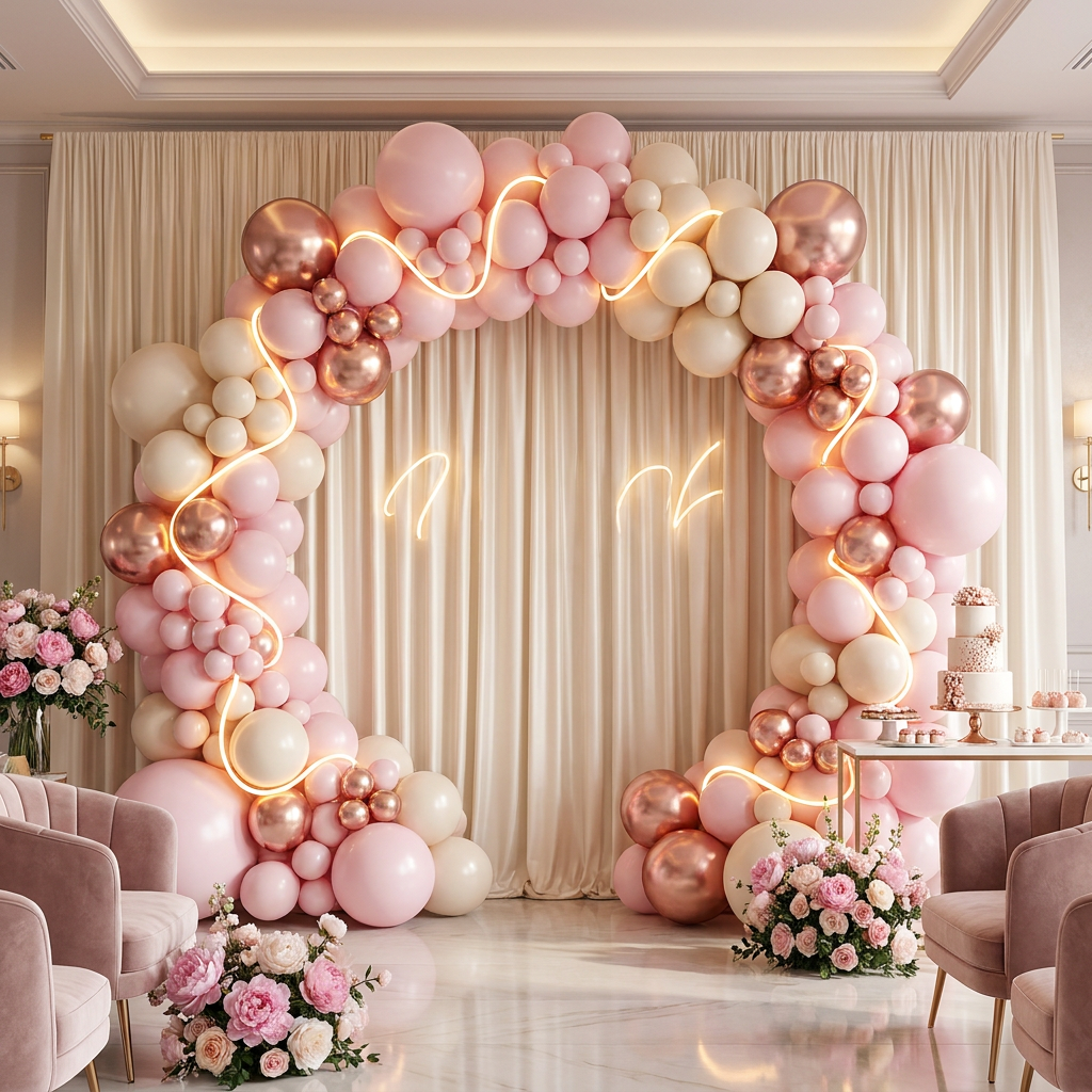 Baby shower photo backdrop with rose gold and pink balloons