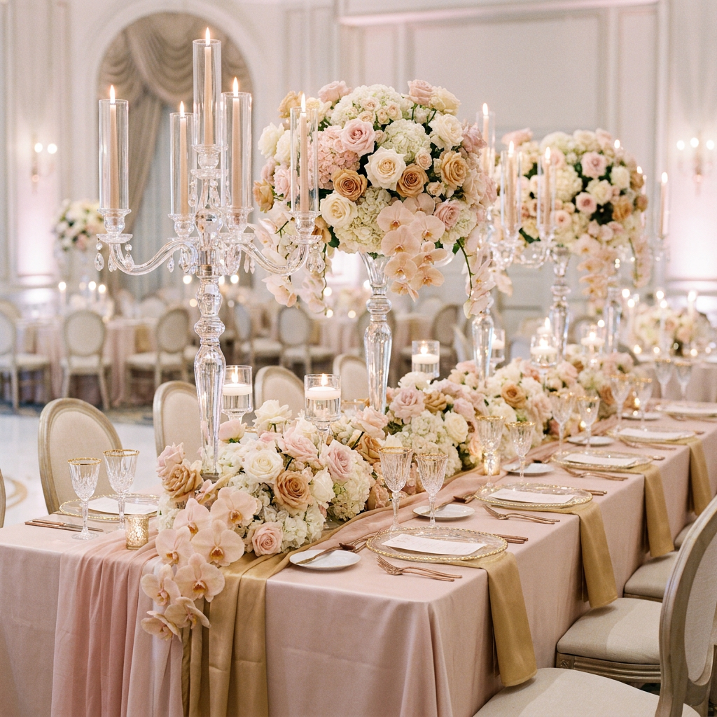 Luxury wedding head table styled with roses and candelabras