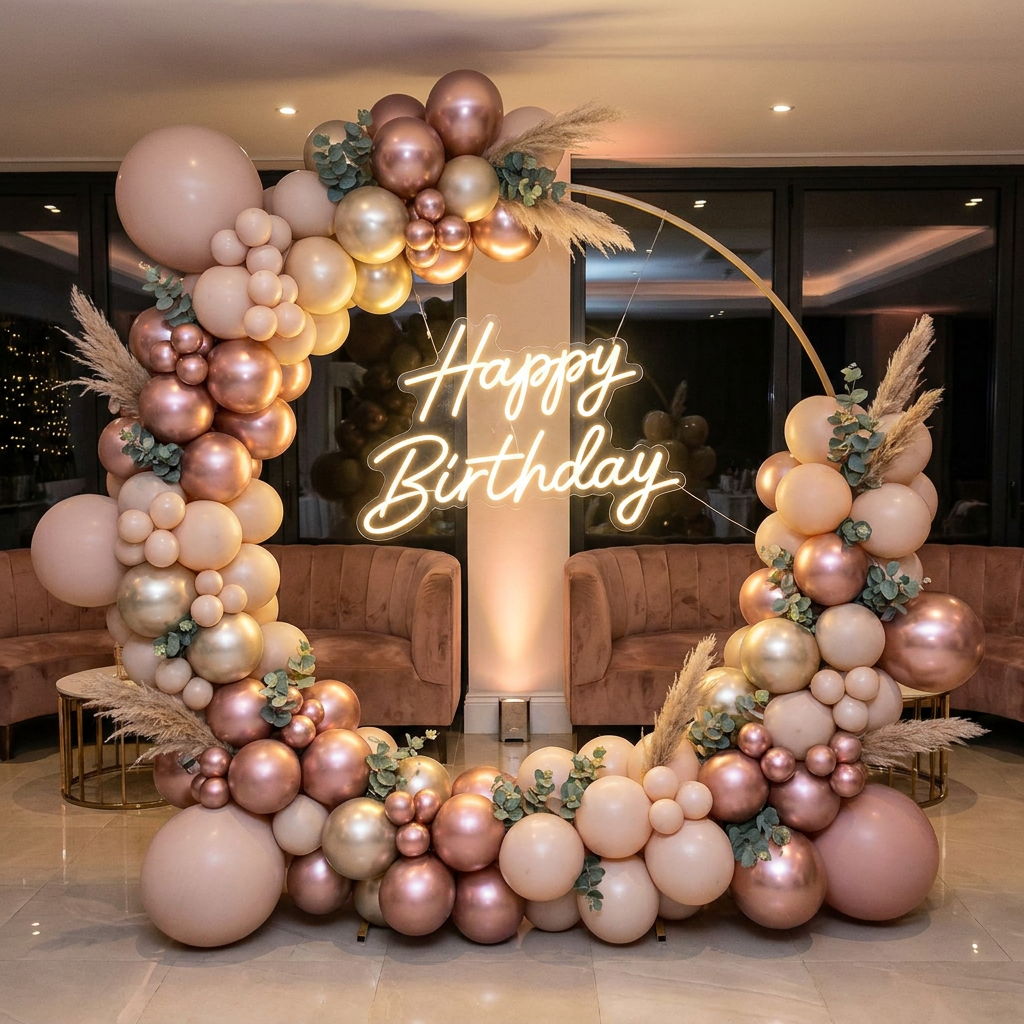 Breathtaking organic balloon installation with warm neon glowing sign