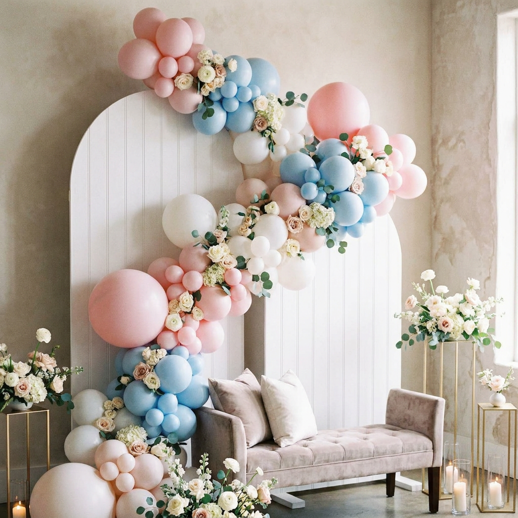 Baby shower setup with balloon arches, sailboards, and flowers