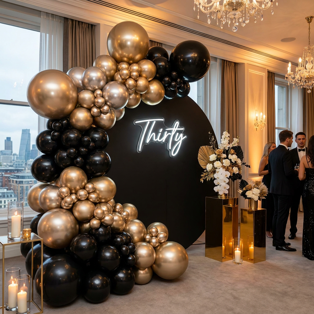 Milestone birthday setting with organic gold and onyx balloons and glowing neon sign